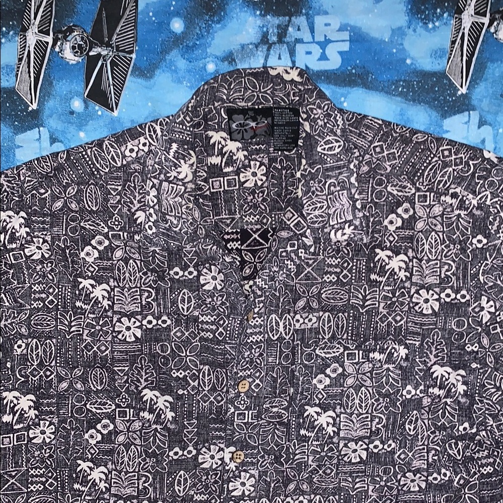 OP Black and White Casual Button Down Aloha AOP Cotton Surf Shirt Men’s Medium